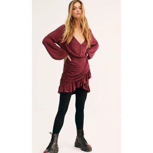 Free People Beach Miami Mini Dress In Bordeaux Ruched Long Sleeve Size M NWT